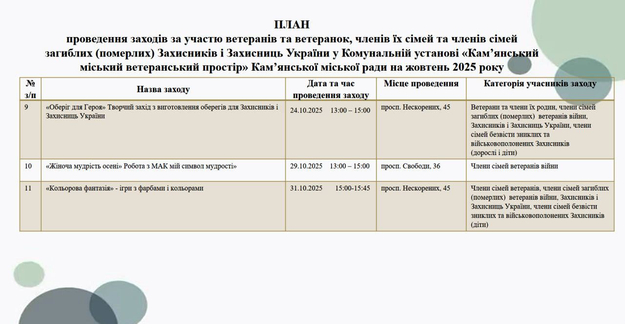 Ветеранский простор Каменского приглашает на мероприятия октября