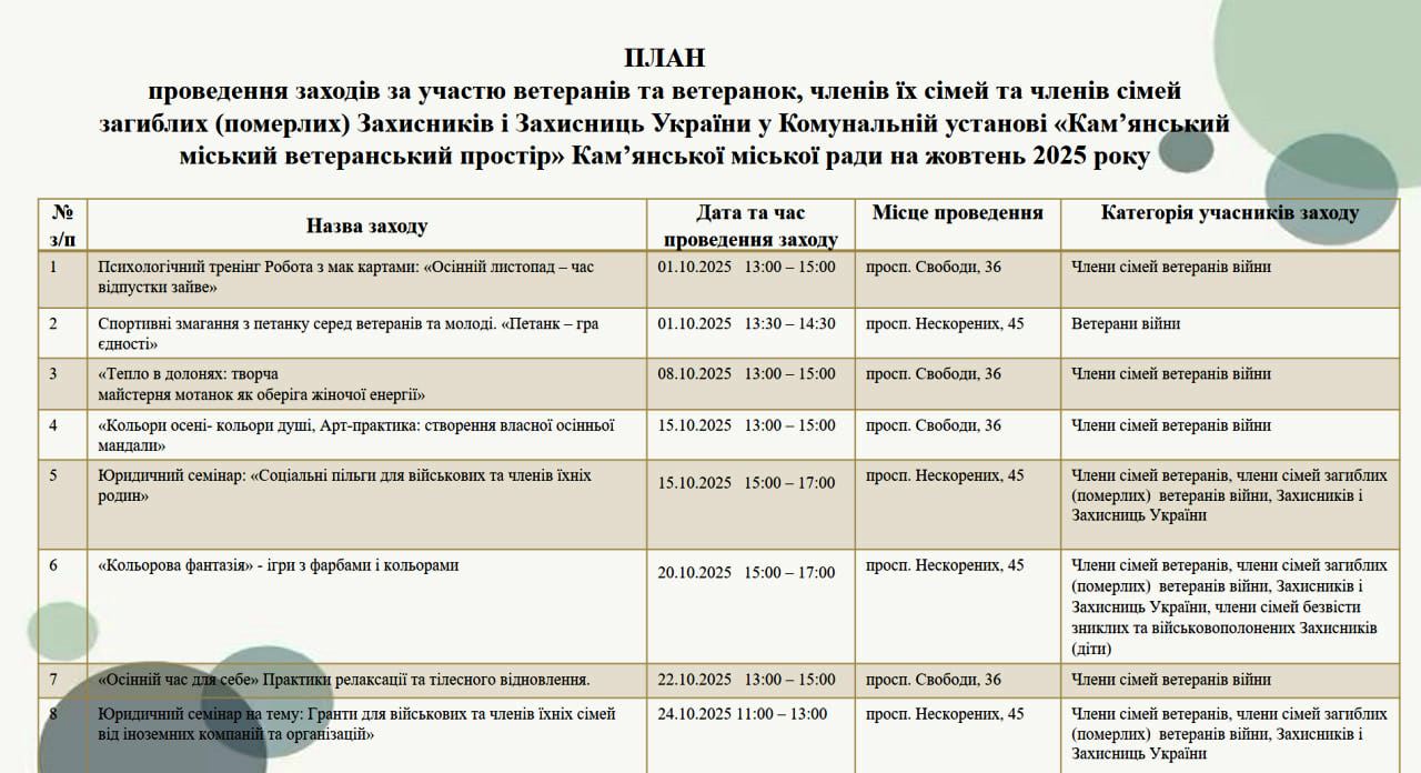 Ветеранский простор Каменского приглашает на мероприятия октября