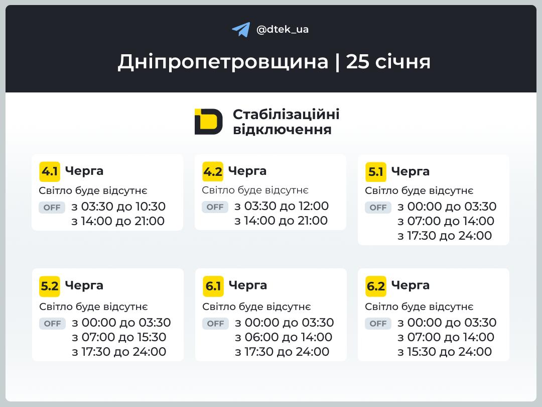 Графики отключения света на 25 января в Каменском