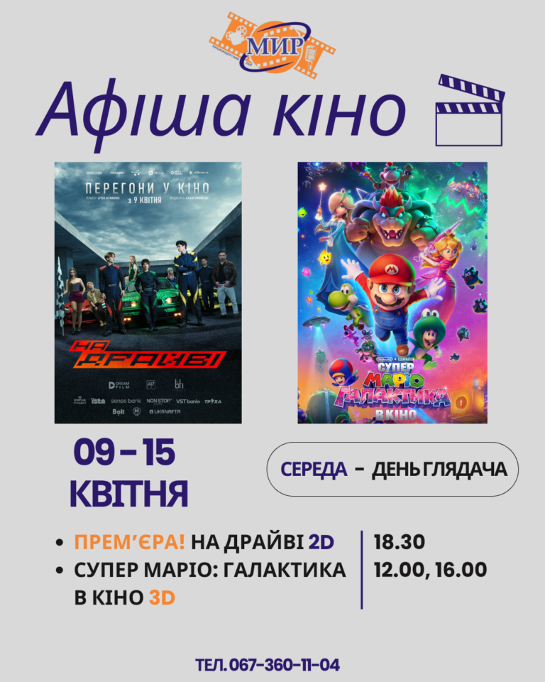 Кінотиждень у Кіноконцертному залі "МИР" ( 09 – 15 квітня)